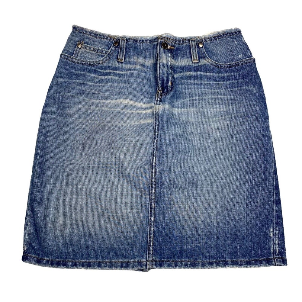 Vintage Hydralic Jean Pencil Skirt Womens 6 Blue Denim Frayed Hem Distressed Y2K